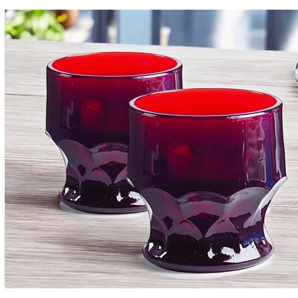 2- Vintage MCM Georgian /Honeycomb Ruby Red-5oz Flat Based Tumblers -3”x 2.75”